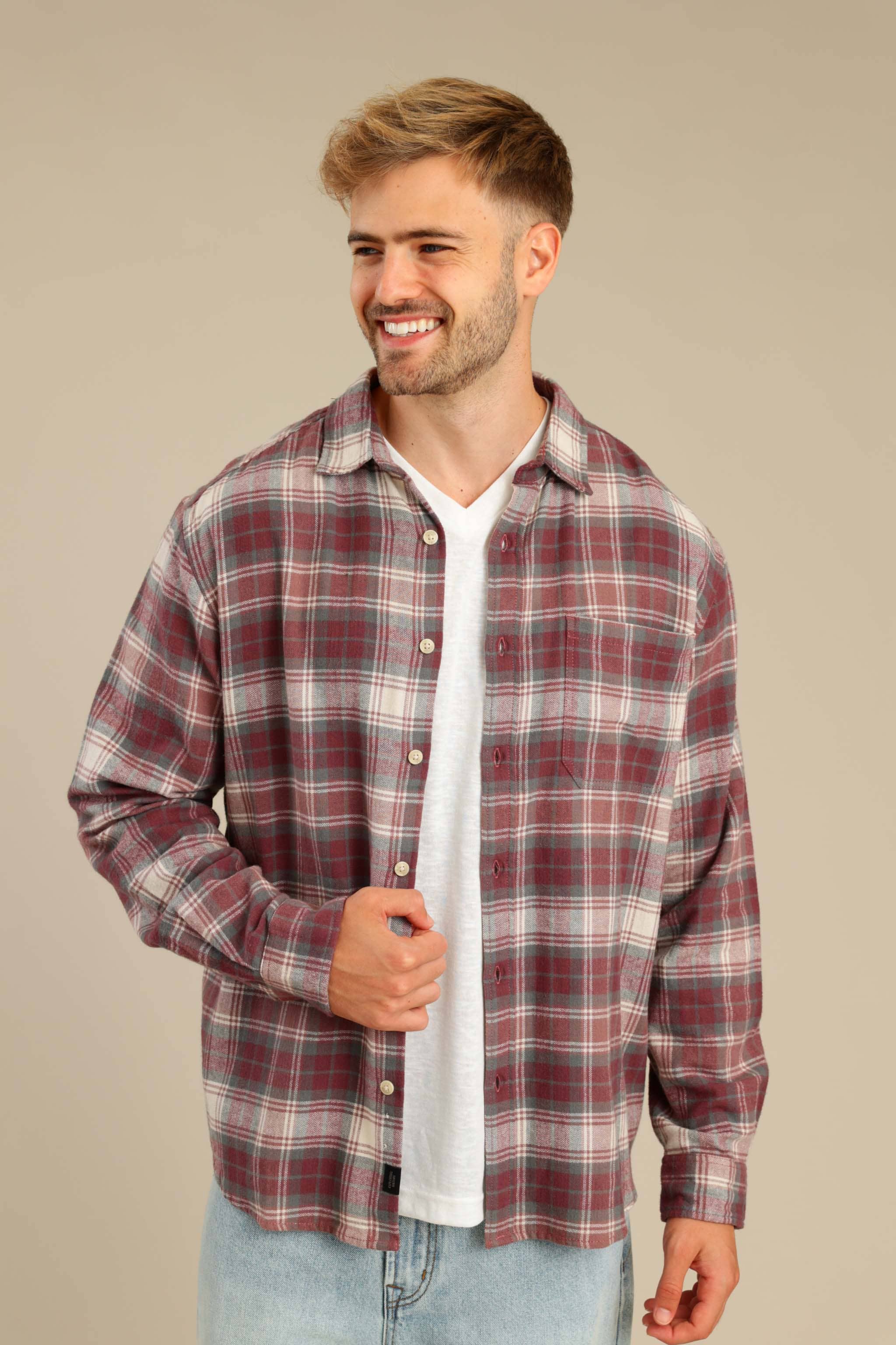 FOX גברים חולצה חולצה מכופתרת פלאנל ארוכה חולצה מכופתרת פלאנל ארוכה