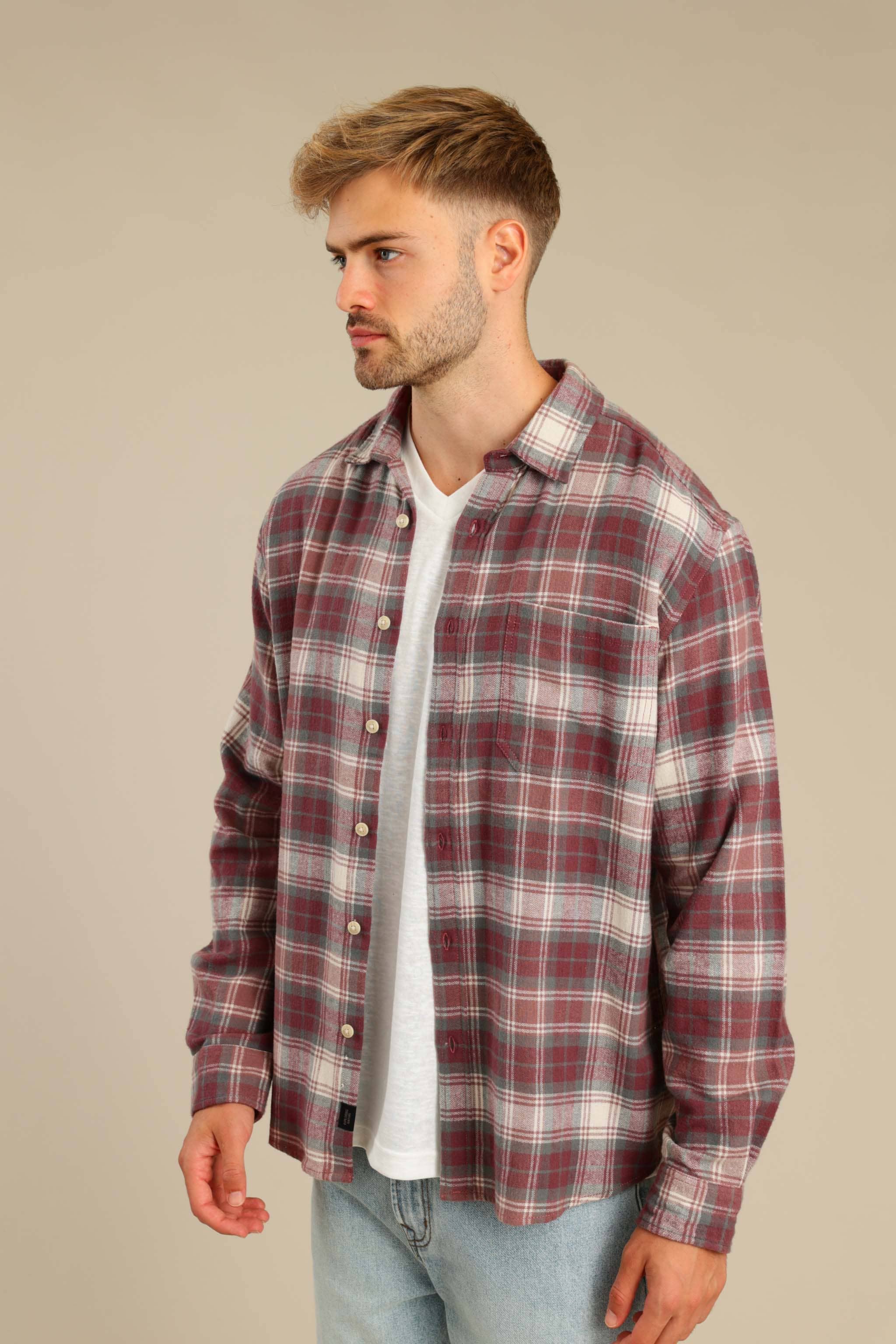 FOX גברים חולצה חולצה מכופתרת פלאנל ארוכה חולצה מכופתרת פלאנל ארוכה