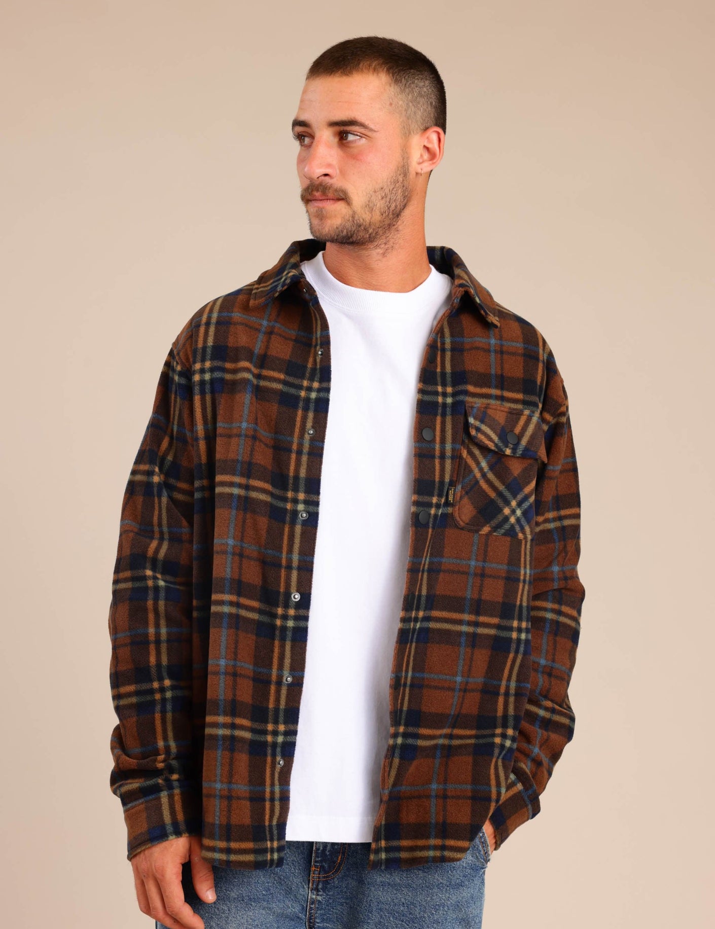 FOX גברים פליזים חולצת פליז משובצת עם כפתורים חולצת פליז משובצת עם כפתורים