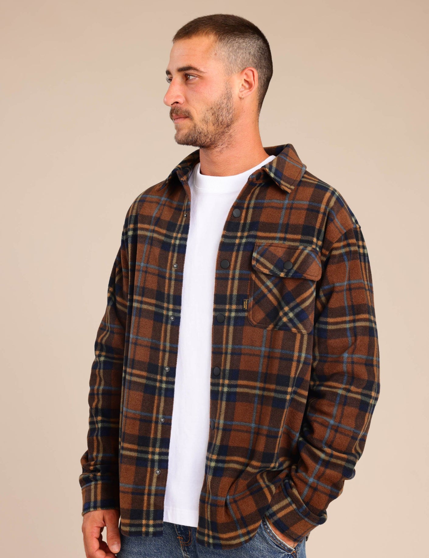 FOX גברים פליזים חולצת פליז משובצת עם כפתורים חולצת פליז משובצת עם כפתורים