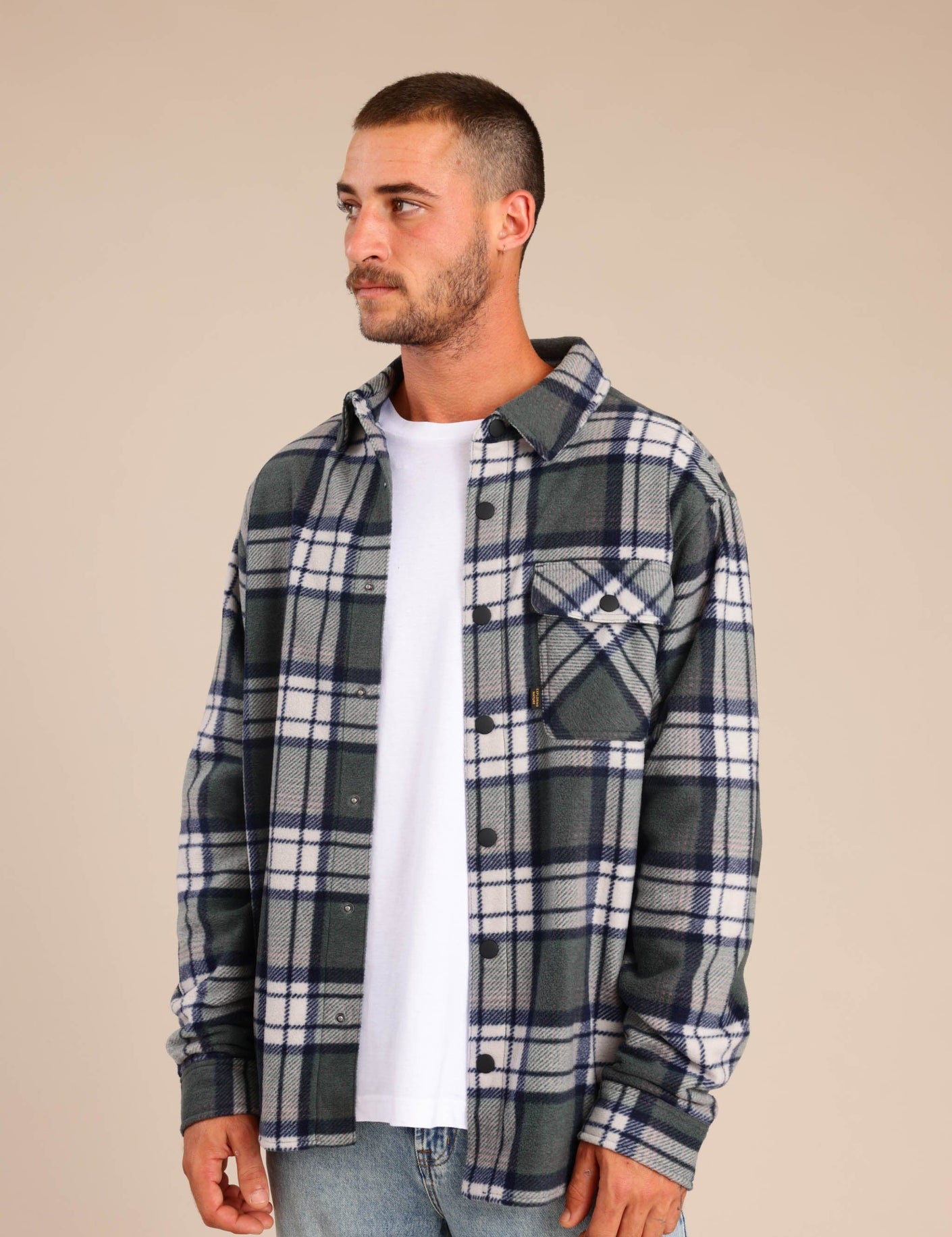 FOX גברים פליזים חולצת פליז משובצת עם כפתורים חולצת פליז משובצת עם כפתורים