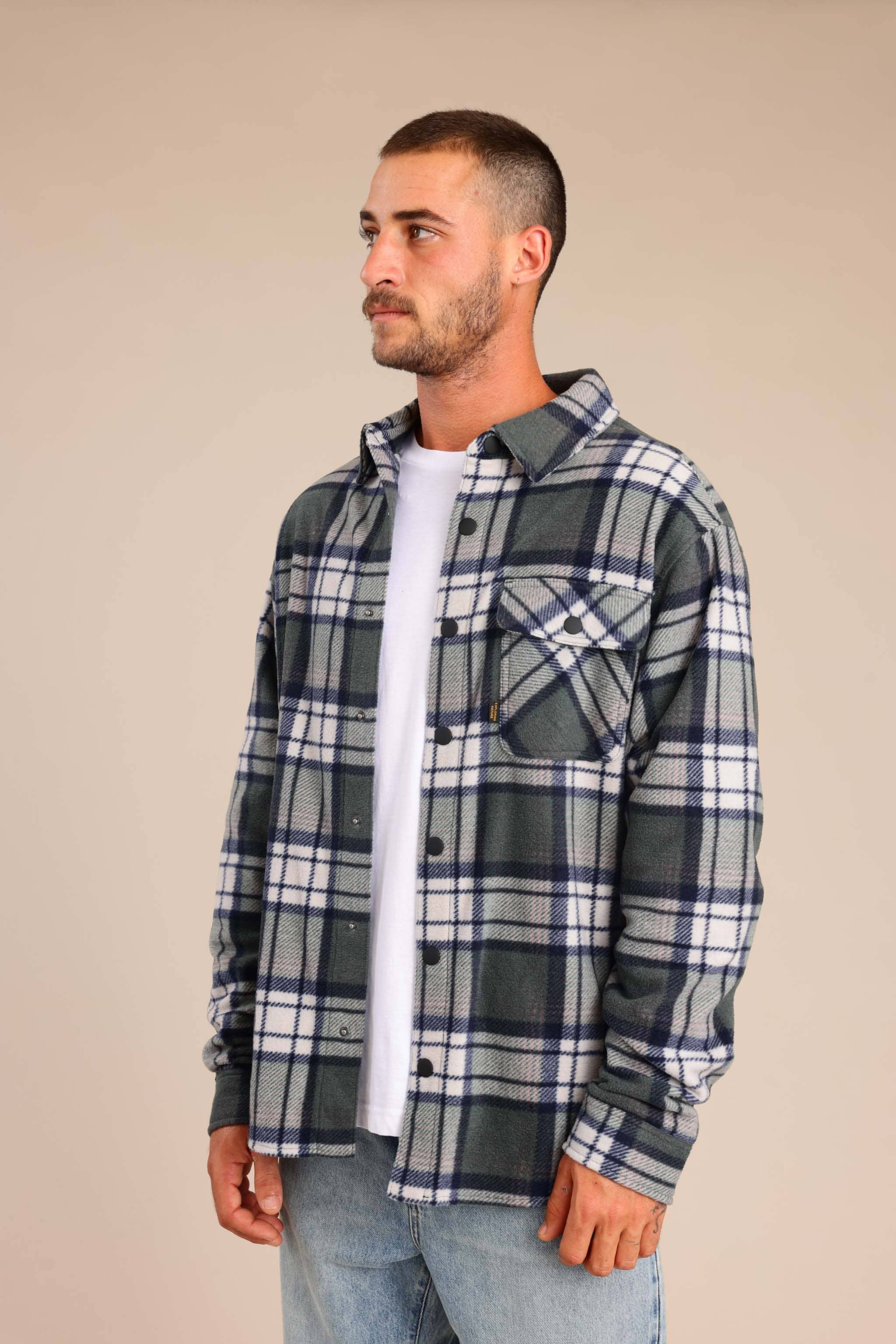 FOX גברים פליזים חולצת פליז משובצת עם כפתורים חולצת פליז משובצת עם כפתורים