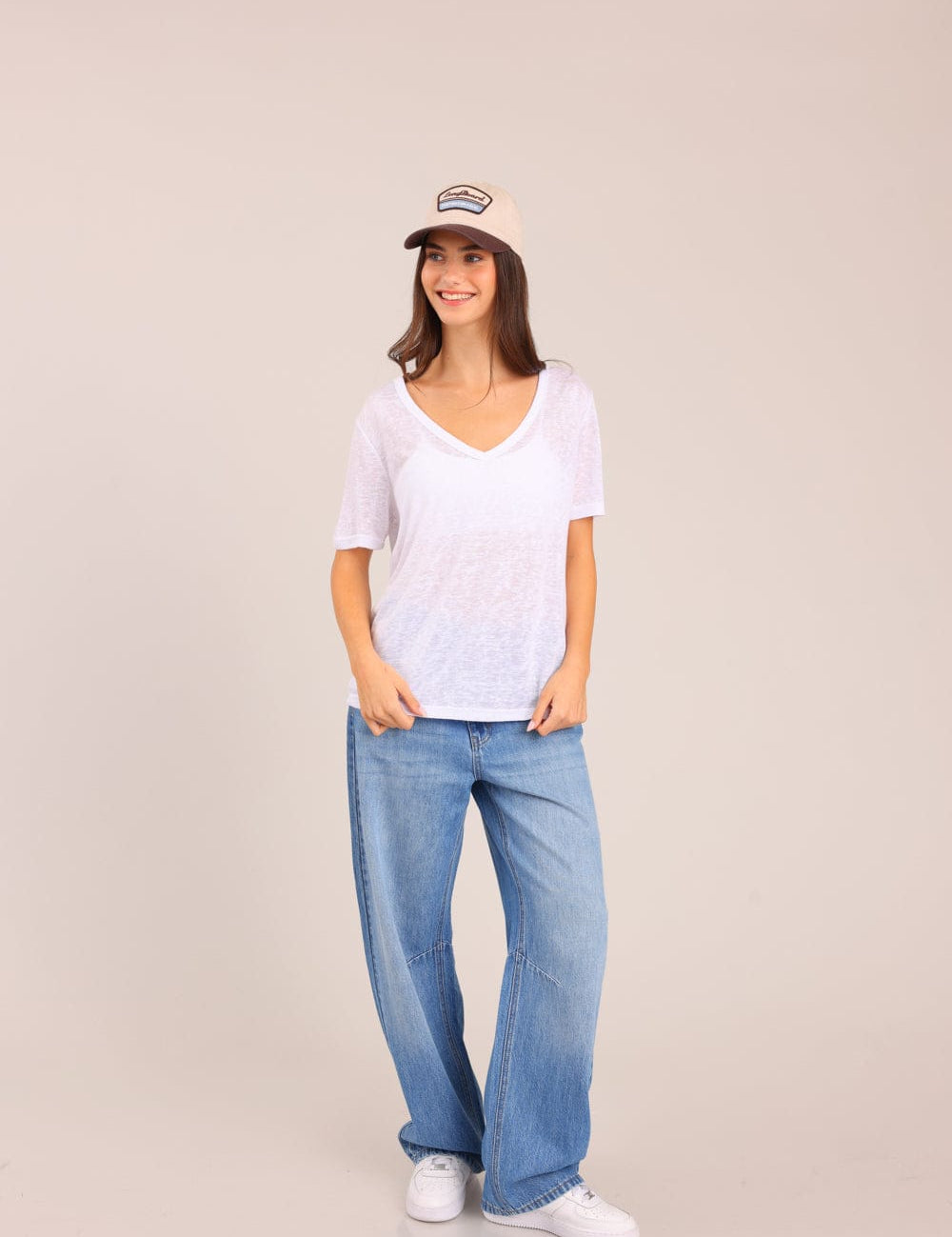 FOX נשים חולצה קצרה חולצת V אוברסייז חולצת V אוברסייז