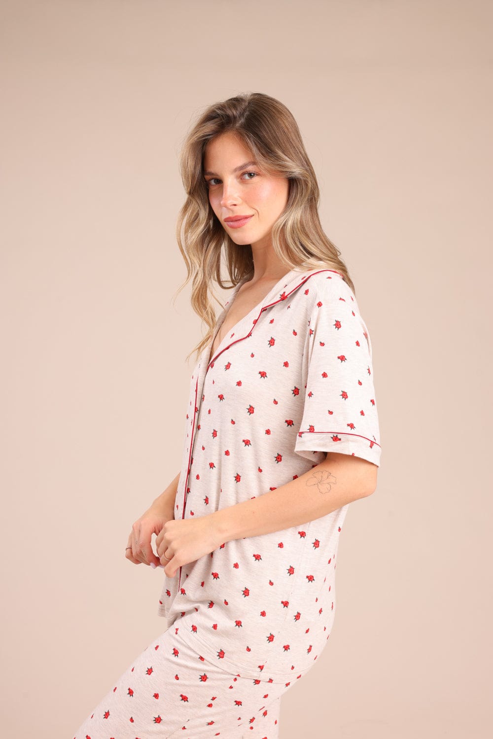 FOX נשים אחר פיג'מה מכופתרת עם הדפס פיג'מה מכופתרת עם הדפס