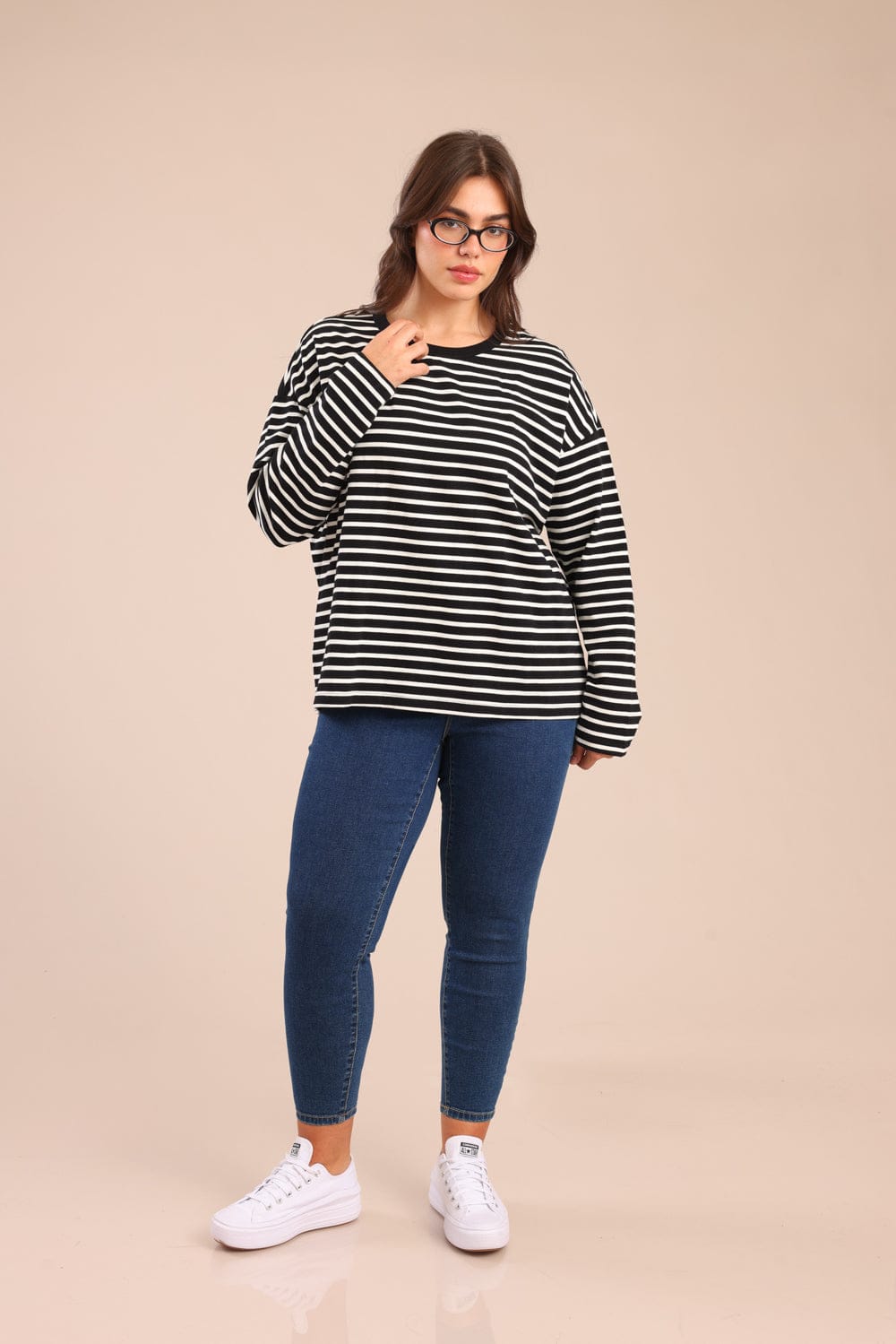 FOX פלאס נשים חולצה חולצה עם פסים| PLUS SIZE חולצה עם פסים| PLUS SIZE