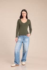 FOX נשים חולצה חולצה ארוכה צווארון V FOX | חולצה חלקה | קנה עכשיו