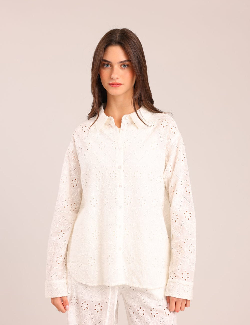 FOX נשים חולצה ארוכה חולצת מכופתרת רקומה חולצת מכופתרת רקומה