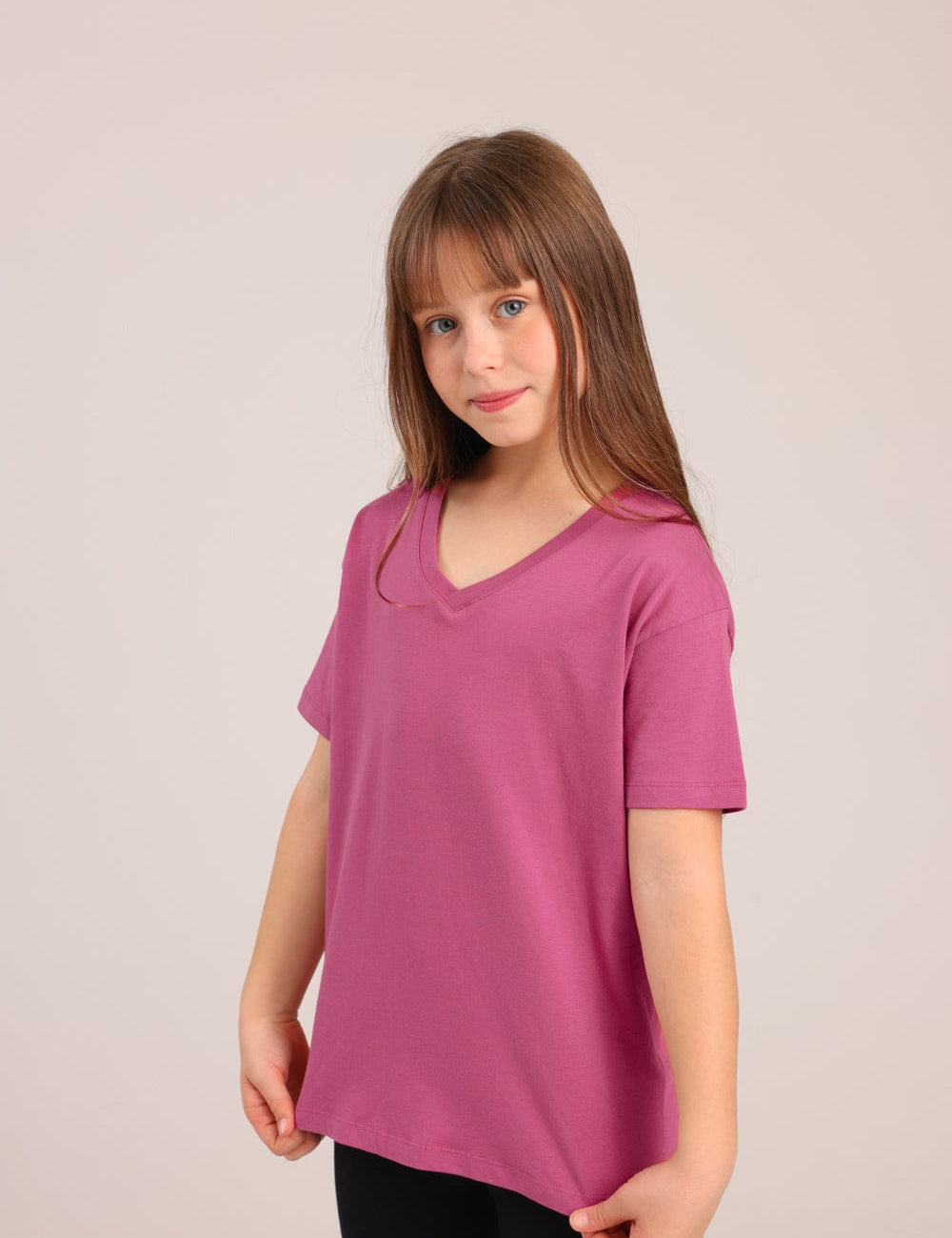 FOX בנות חולצה קצרה חולצת טריקו בייסיק אוברסייז צווארון V חולצת טריקו בייסיק אוברסייז צווארון V