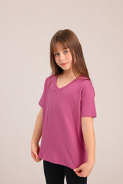 FOX בנות חולצה קצרה חולצת טריקו בייסיק אוברסייז צווארון V חולצת טריקו בייסיק אוברסייז צווארון V