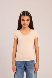 FOX בנות חולצה קצרה טישרט בייסיק צווארון V גזור טישרט בייסיק צווארון V גזור