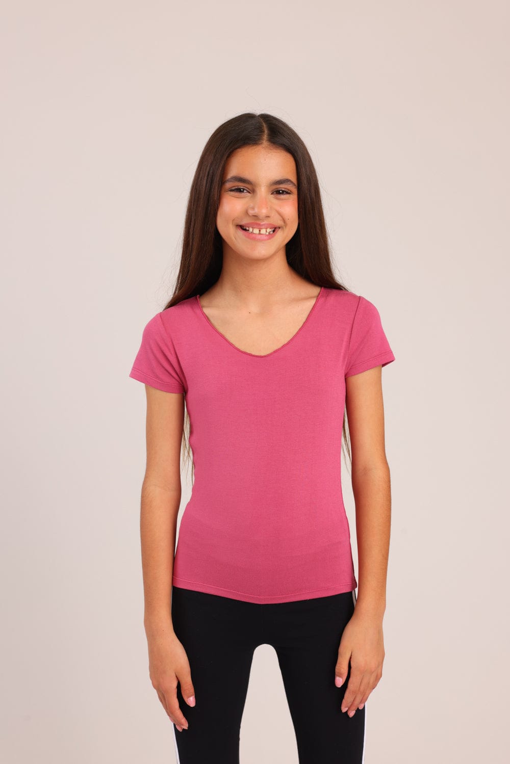 FOX בנות חולצה קצרה טישרט בייסיק צווארון V גזור טישרט בייסיק צווארון V גזור