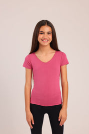 FOX בנות חולצה קצרה טישרט בייסיק צווארון V גזור טישרט בייסיק צווארון V גזור