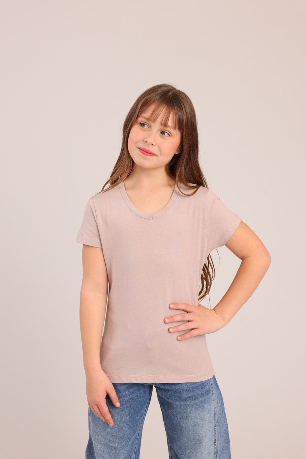 FOX בנות חולצה קצרה טישרט בייסיק צווארון V טישרט בייסיק צווארון V