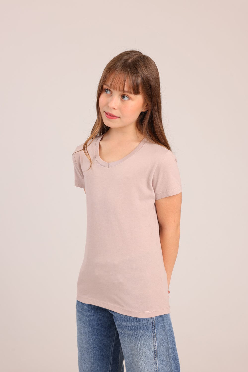 FOX בנות חולצה קצרה טישרט בייסיק צווארון V טישרט בייסיק צווארון V