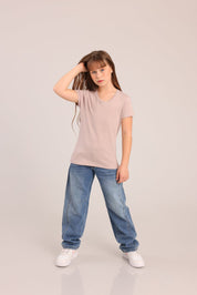 FOX בנות חולצה קצרה טישרט בייסיק צווארון V טישרט בייסיק צווארון V