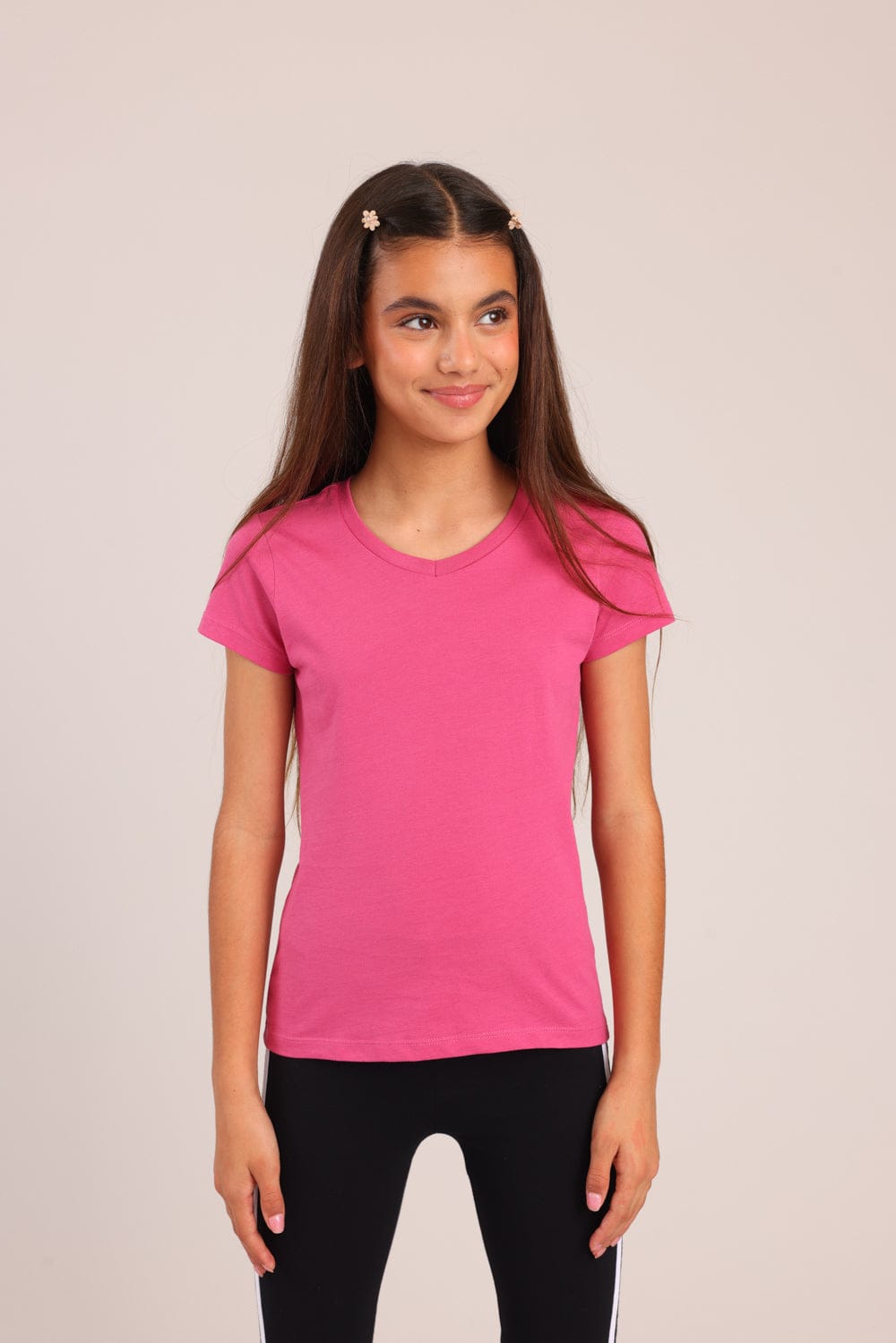 FOX בנות חולצה קצרה טישרט בייסיק צווארון V טישרט בייסיק צווארון V