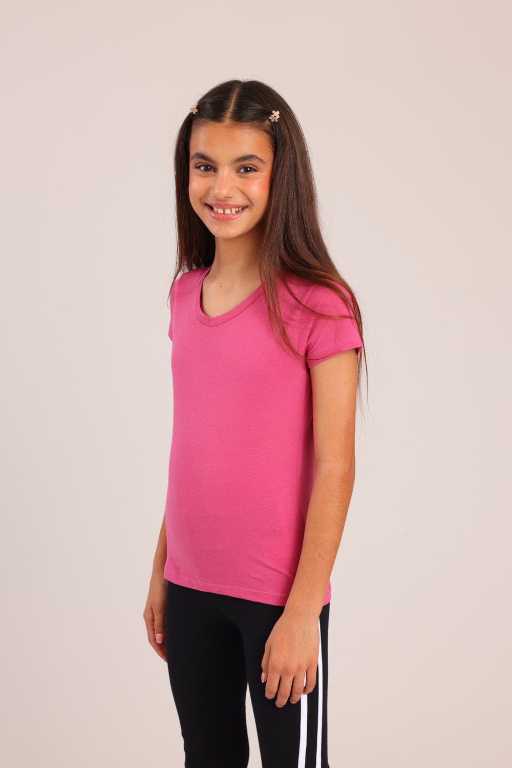 FOX בנות חולצה קצרה טישרט בייסיק צווארון V טישרט בייסיק צווארון V