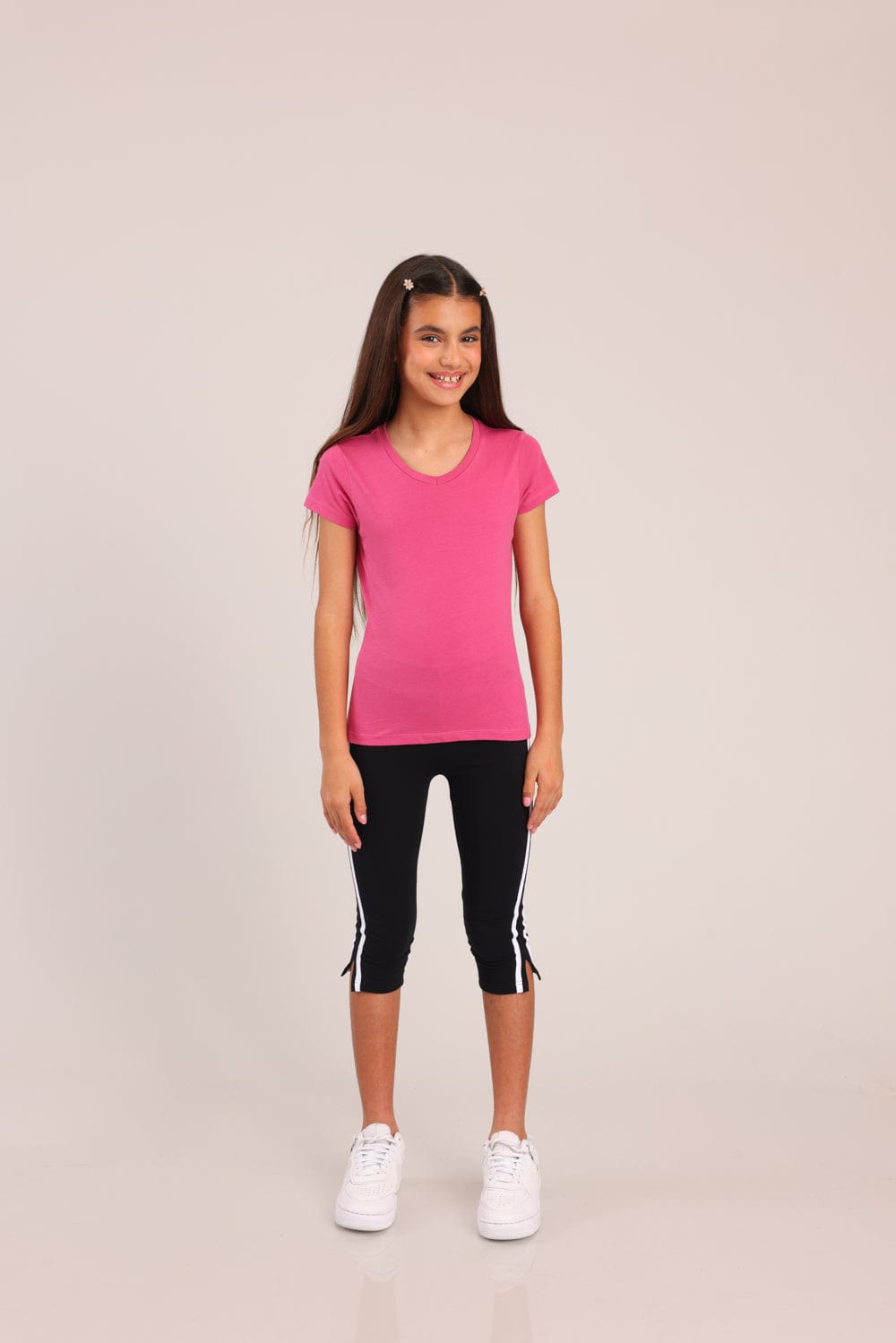 FOX בנות חולצה קצרה טישרט בייסיק צווארון V טישרט בייסיק צווארון V