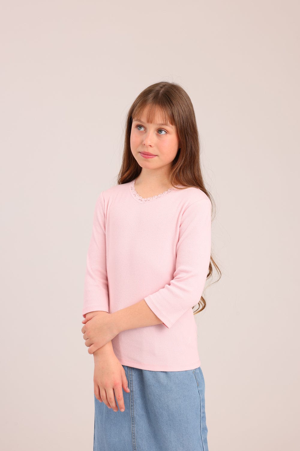 FOX בנות חולצה קצרה חולצת 3/4 ריב חלקה חולצת 3/4 ריב חלקה