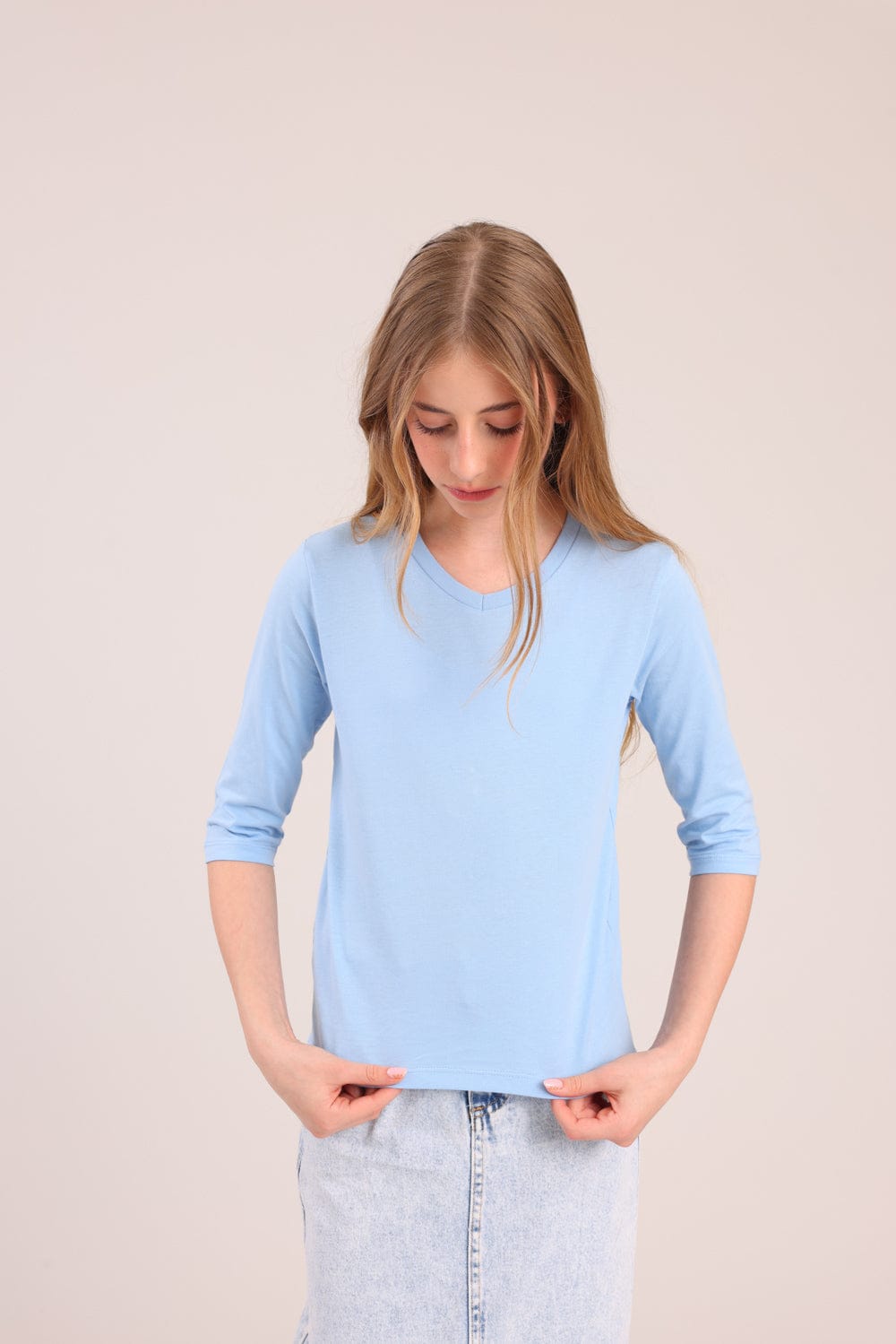 FOX בנות חולצה ארוכה טישרט בייסיק צווארון V שרוול 3/4 טישרט בייסיק צווארון V שרוול 3/4