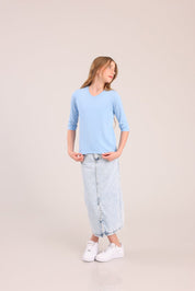 FOX בנות חולצה ארוכה טישרט בייסיק צווארון V שרוול 3/4 טישרט בייסיק צווארון V שרוול 3/4