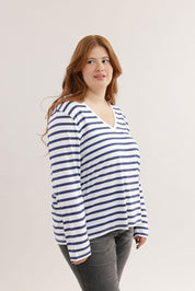 FOX פלאס נשים חולצה חולצת פסים ארוכה צווארון PLUS SIZE | V חולצת פסים ארוכה צווארון PLUS SIZE | V