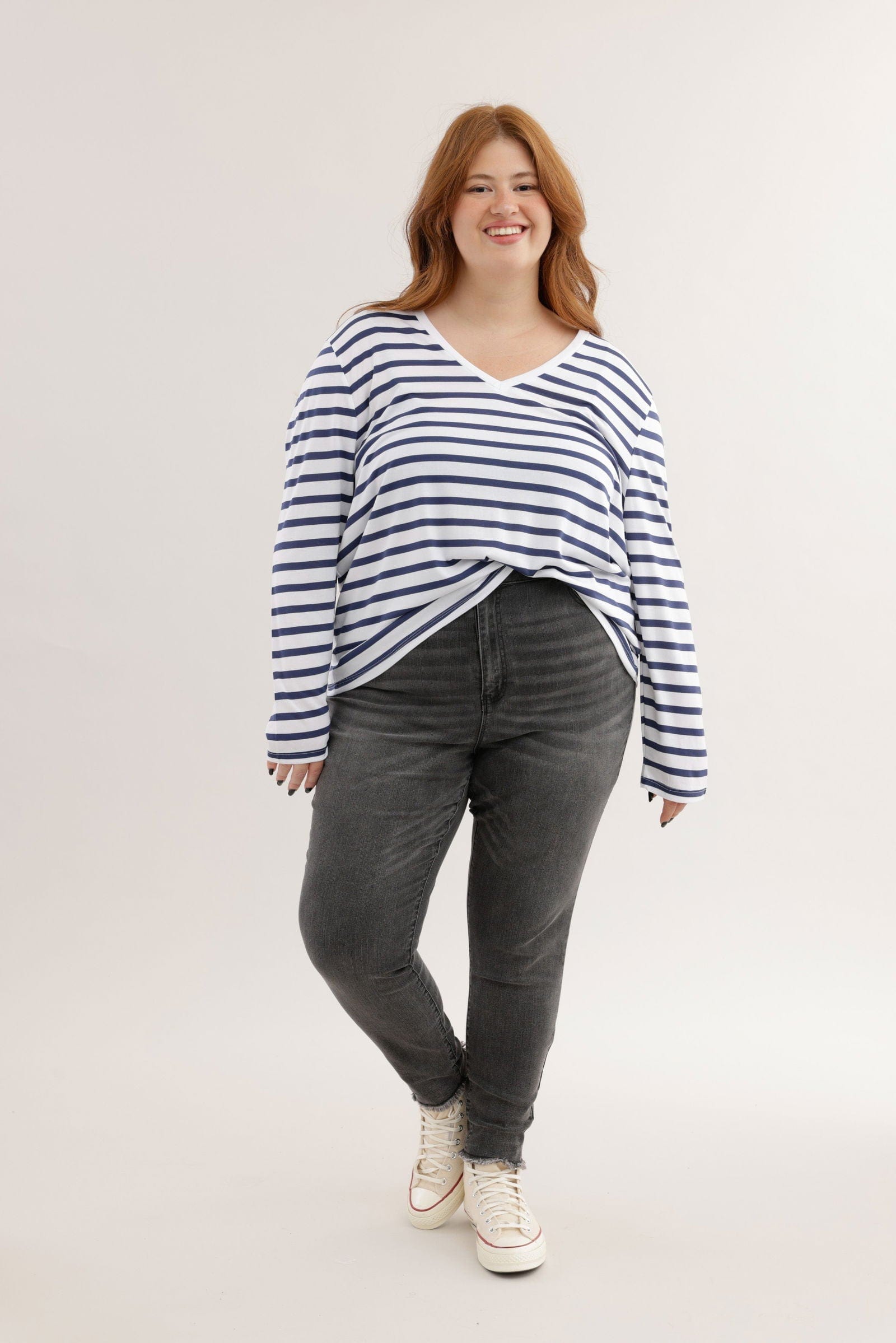 FOX פלאס נשים חולצה חולצת פסים ארוכה צווארון PLUS SIZE | V חולצת פסים ארוכה צווארון PLUS SIZE | V
