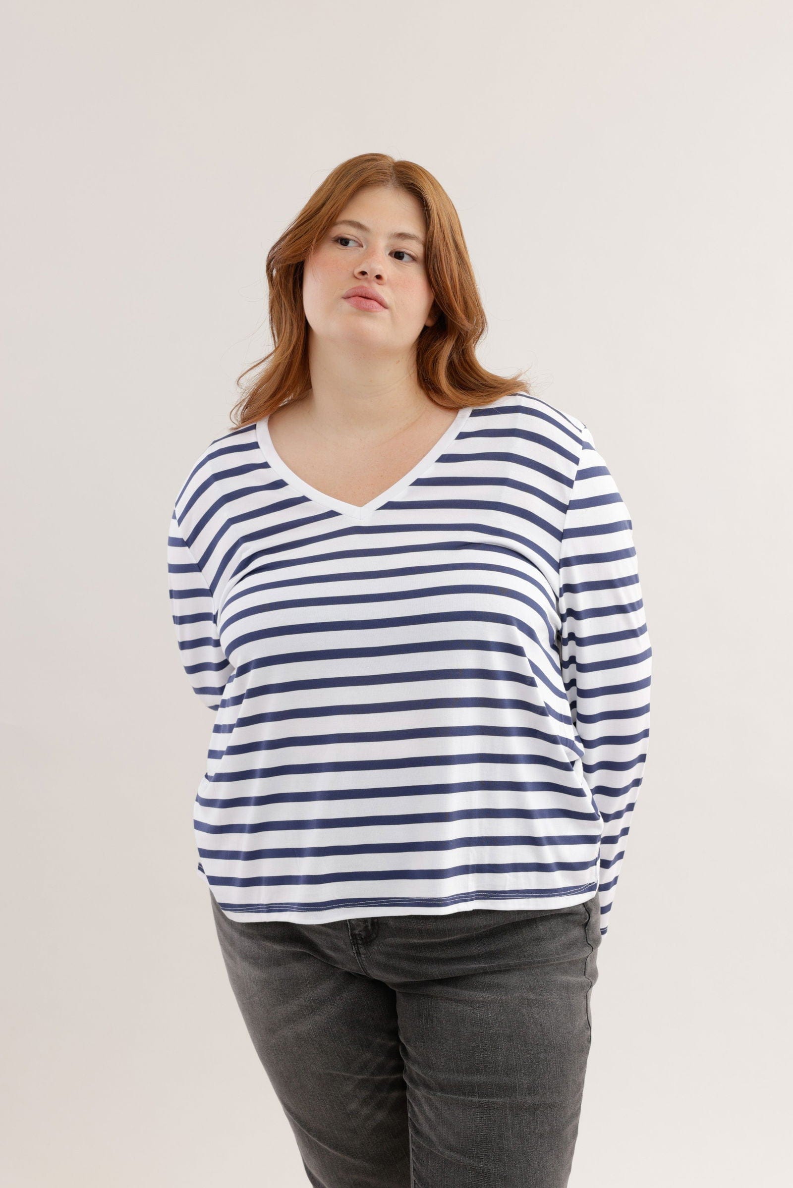 FOX פלאס נשים חולצה חולצת פסים ארוכה צווארון PLUS SIZE | V חולצת פסים ארוכה צווארון PLUS SIZE | V