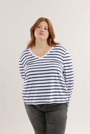 FOX פלאס נשים חולצה חולצת פסים ארוכה צווארון PLUS SIZE | V חולצת פסים ארוכה צווארון PLUS SIZE | V